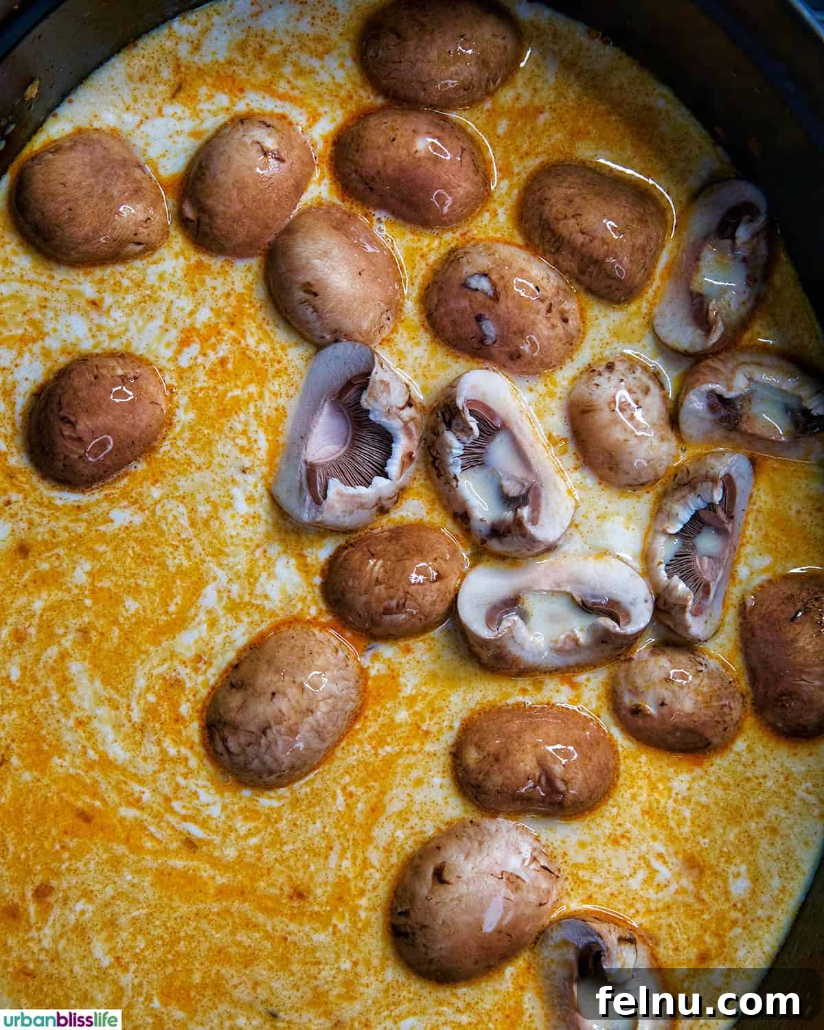 mushrooms in Dutch oven of Thai Coconut Chicken Soup (Tom Kha Gai).