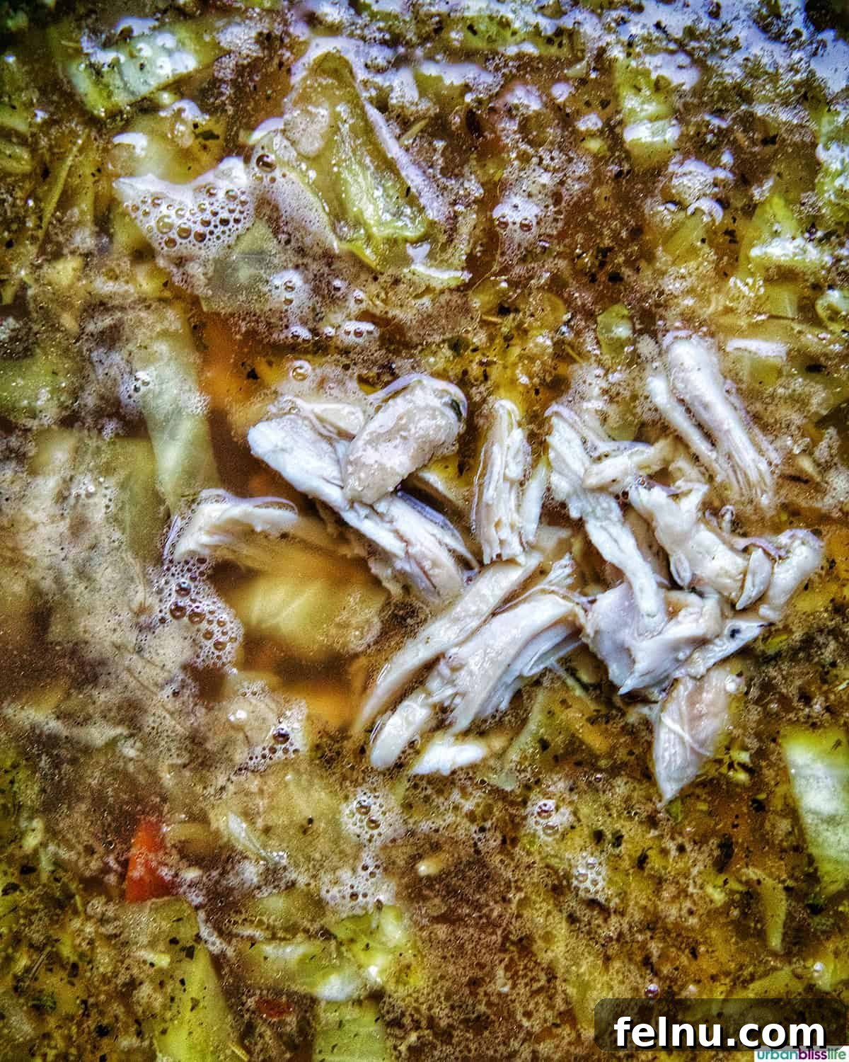 Chicken cabbage soup cooking in a Dutch oven.