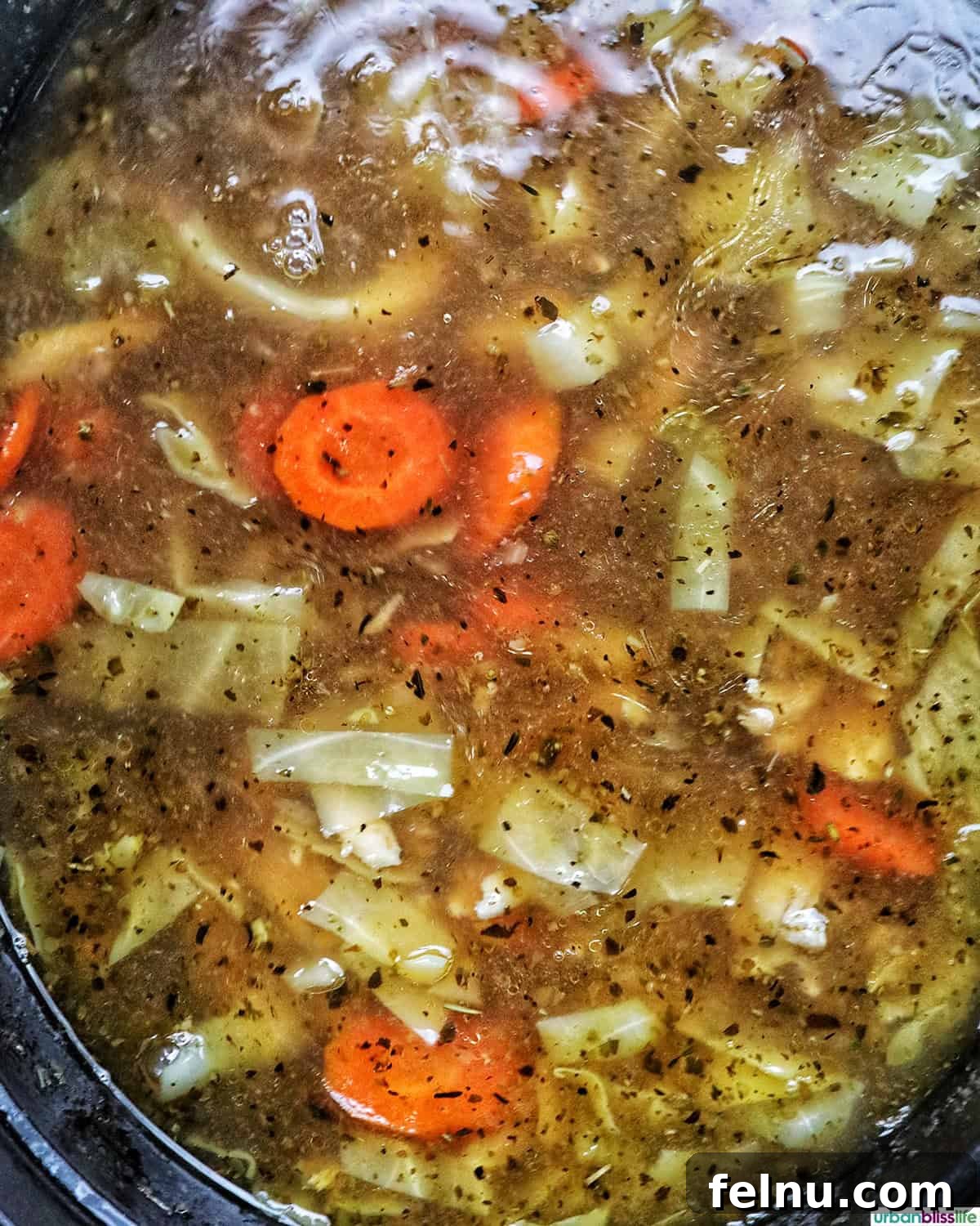 Chicken cabbage soup cooking in a Dutch oven.