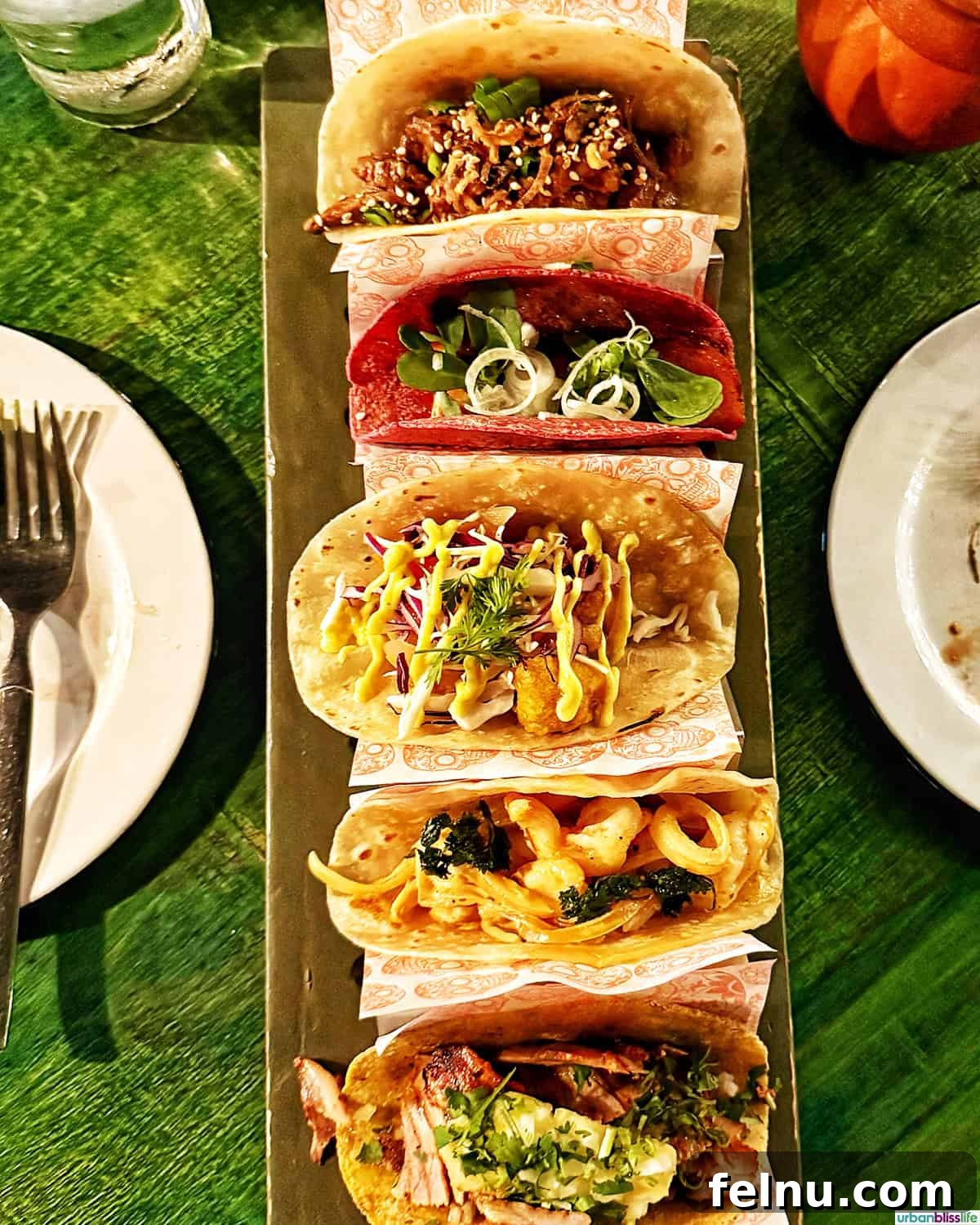 The Ultimate Taco Showdown: Cabo's Best Bites 2 A vibrant row of five tacos presented in a stylish taco holder at La Lupita restaurant in Cabo San Lucas.