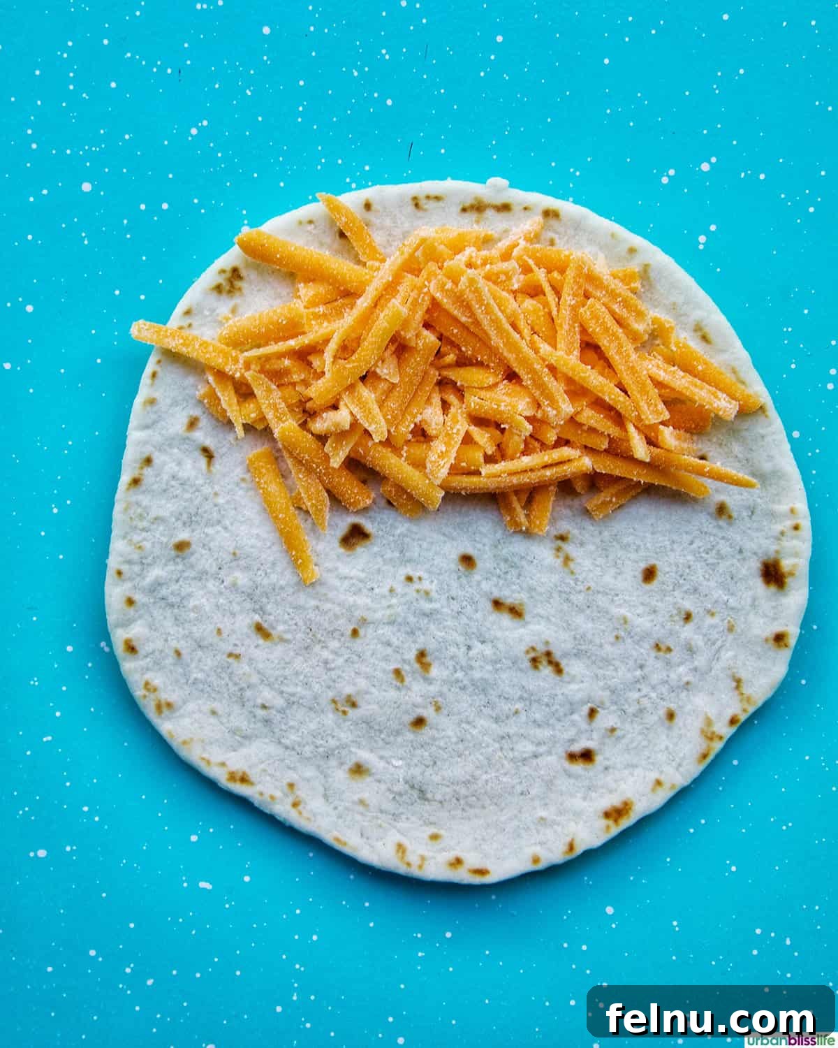 Golden-Crisp Beef Tacos 11 Shredded cheddar cheese sprinkled onto the top half of a soft flour tortilla.