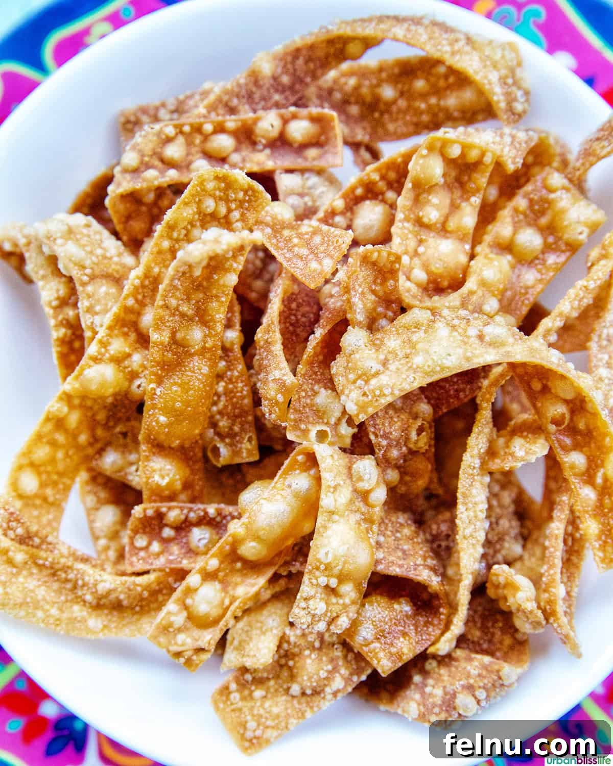 Crispy, golden Fried Wonton Strips in a bowl, ready to be enjoyed.
