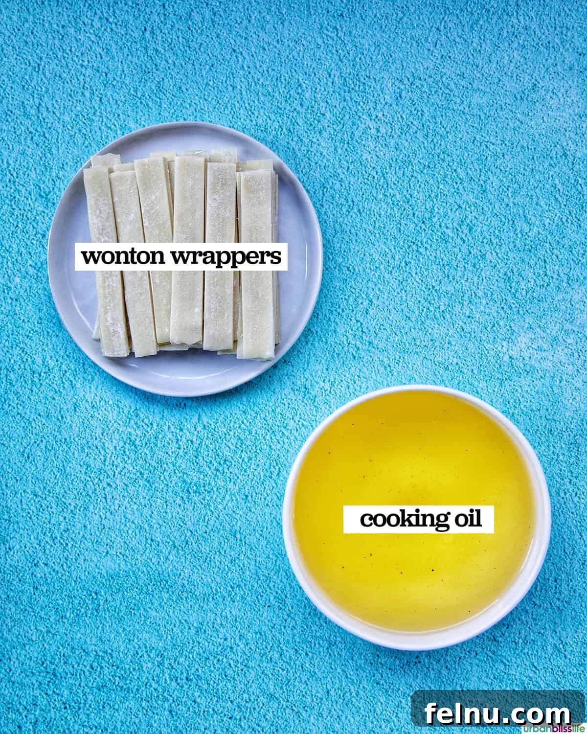 Bowls of neutral cooking oil and precisely sliced wonton wrappers, ready for frying.
