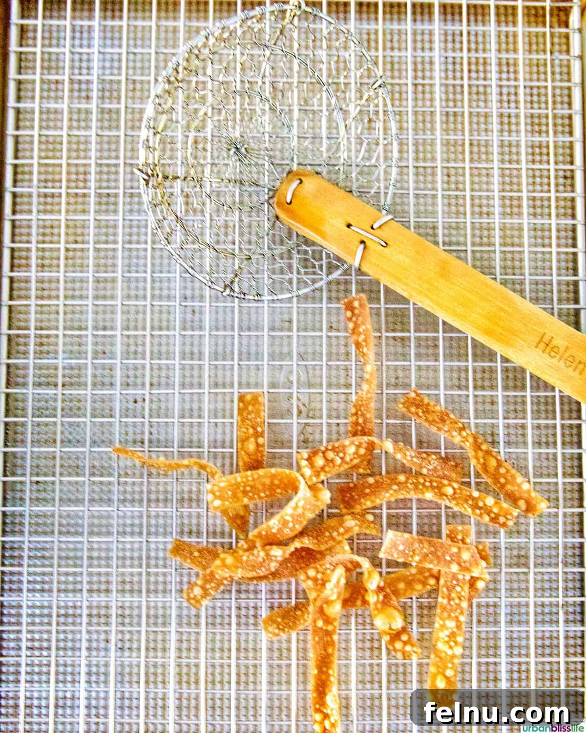 Golden fried wonton strips resting on a wire rack for optimal draining and cooling.