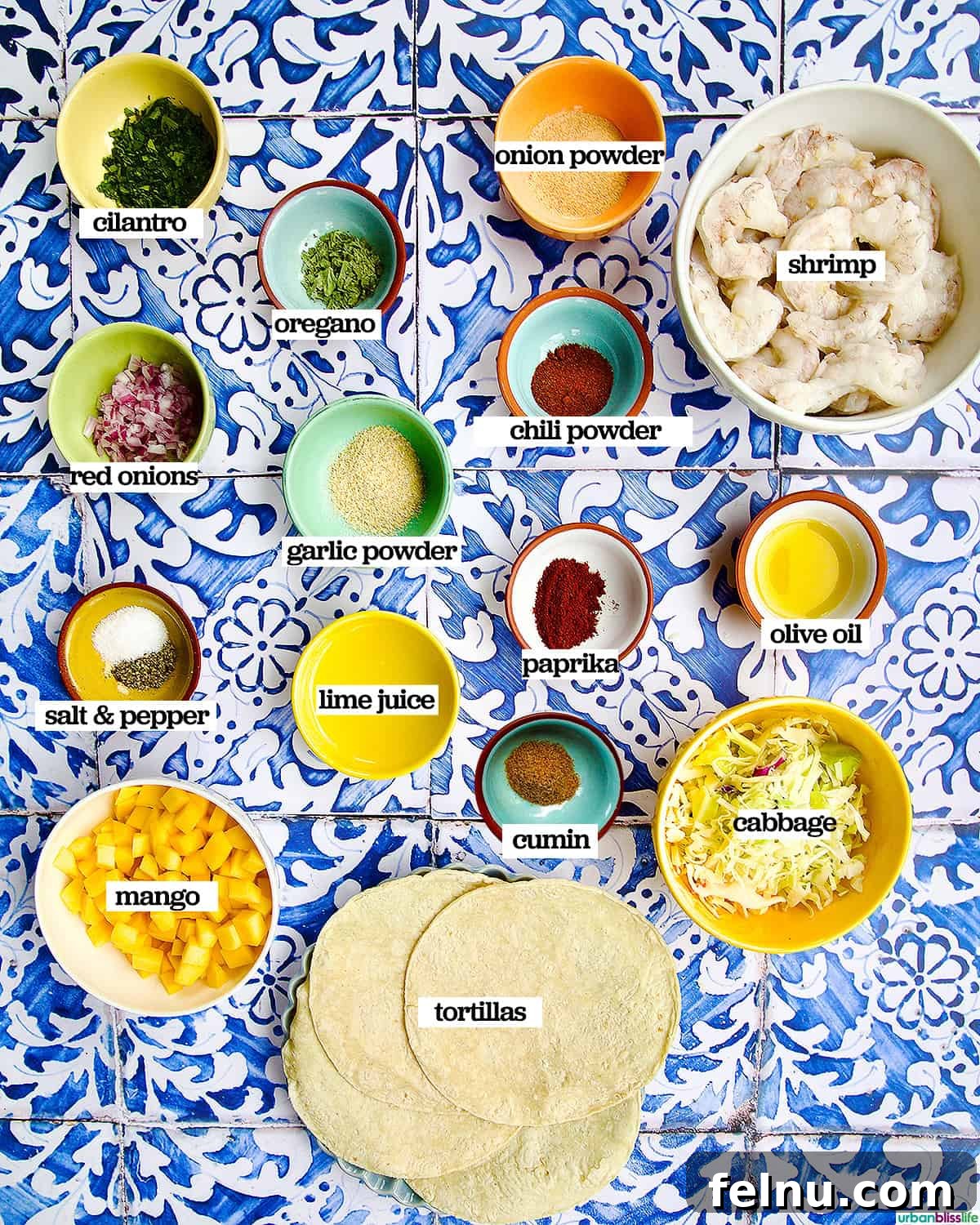 A collection of fresh ingredients arranged in bowls, ready for making air fryer shrimp tacos, including shrimp, mango, red onion, cilantro, and spices.