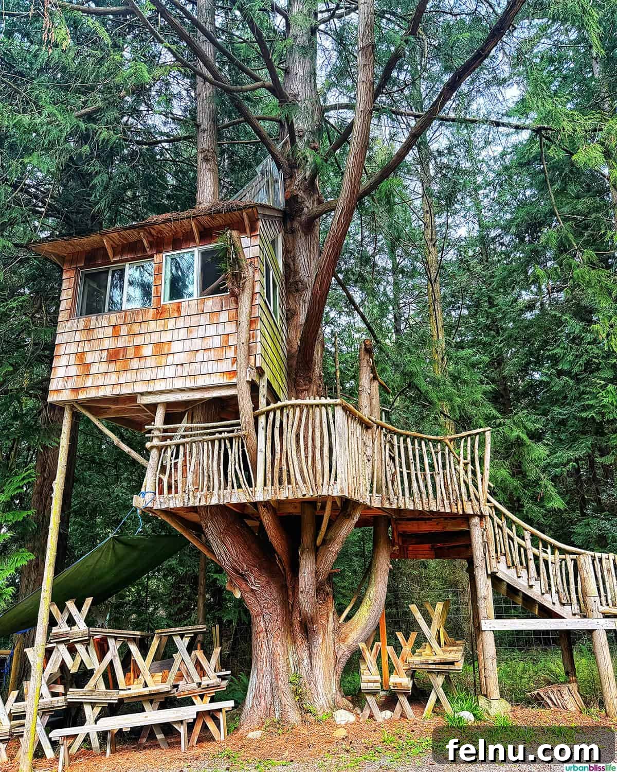 A treehouse-like structure at Orcas Island Pottery, blending art with nature.