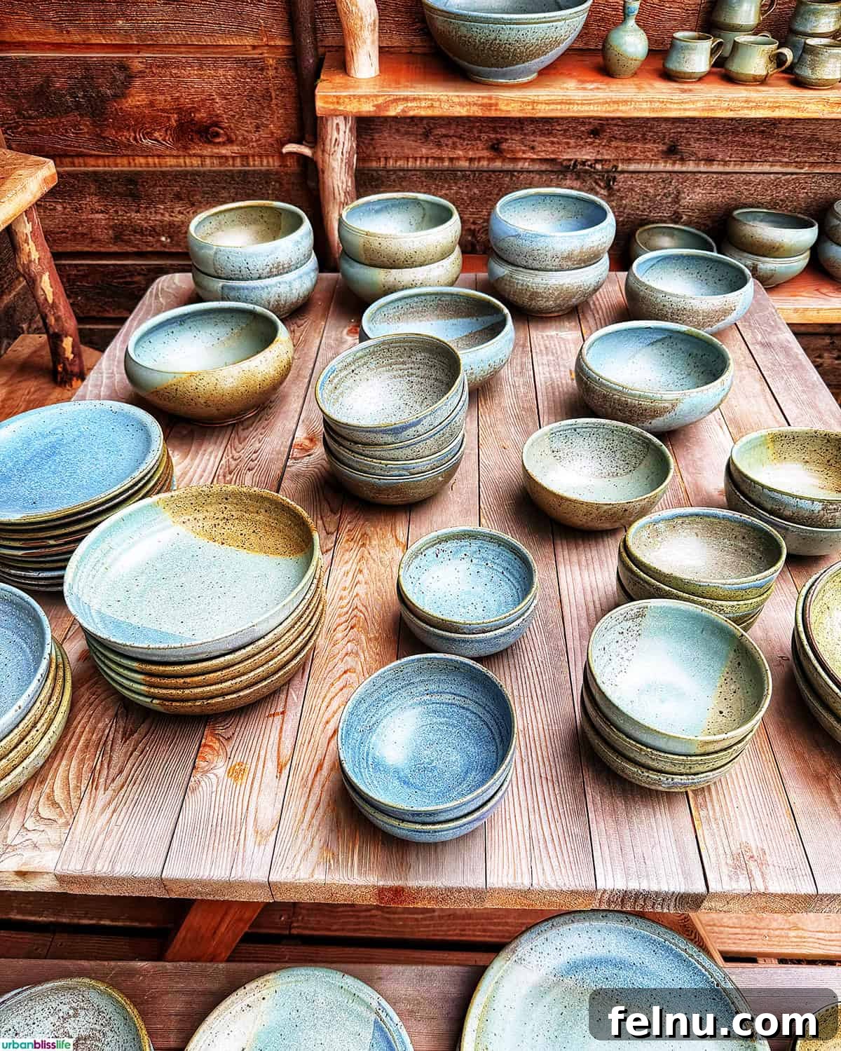 Intricately designed pottery pieces displayed outdoors at Orcas Island Pottery.