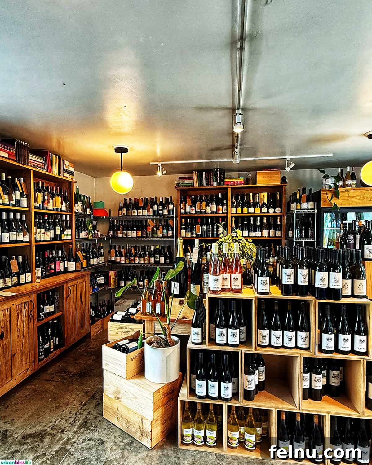 Interior of Doe Bay Wine Company, featuring a cozy ambiance and wine bottles.