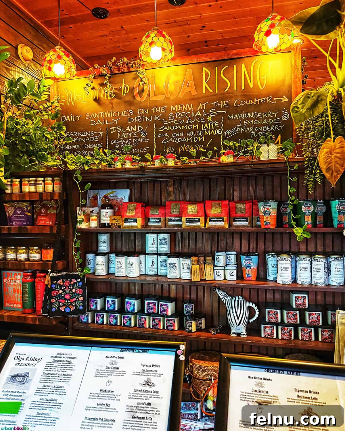 Merchandise wall inside Olga Rising cafe, Orcas Island.