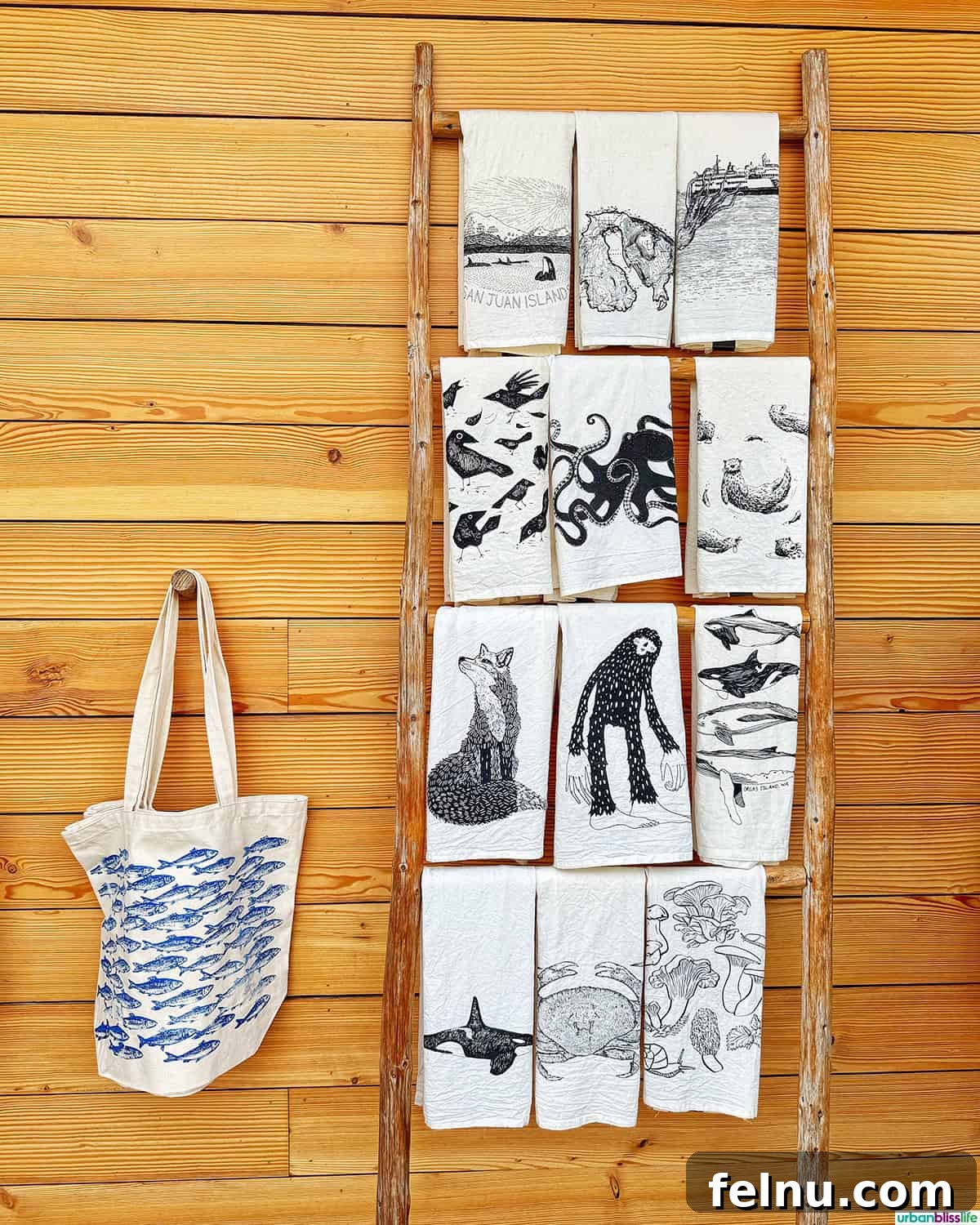 Display of tea towels with local designs at The Print Shop, Orcas Island.