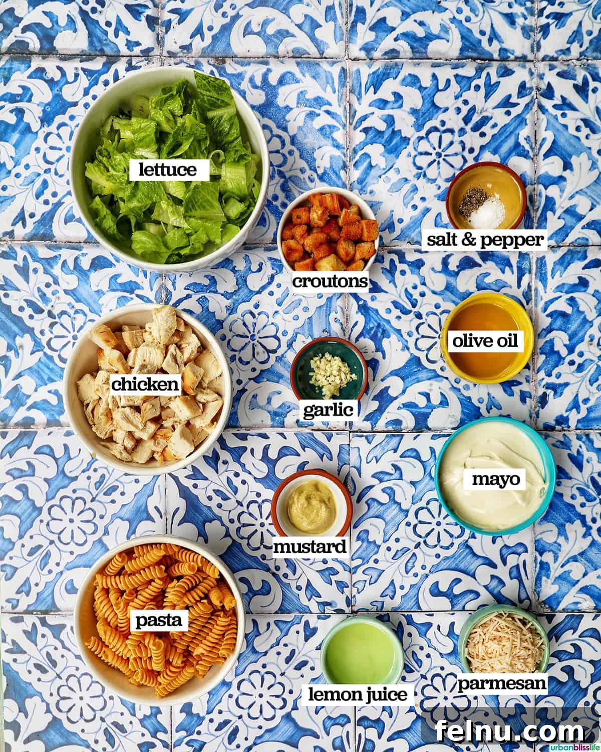 Creamy Caesar Pasta Salad with Crispy Croutons 5 bowls of ingredients to make Caesar pasta salad.