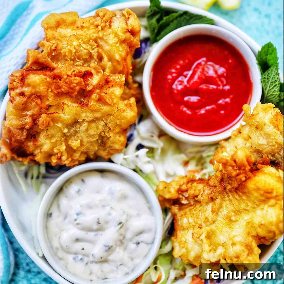 Crispy Air Fryer Cod with Lemon Garlic Butter 18 air fryer cod pieces on a plate with sides of tartar sauce, coleslaw, and cocktail sauce.