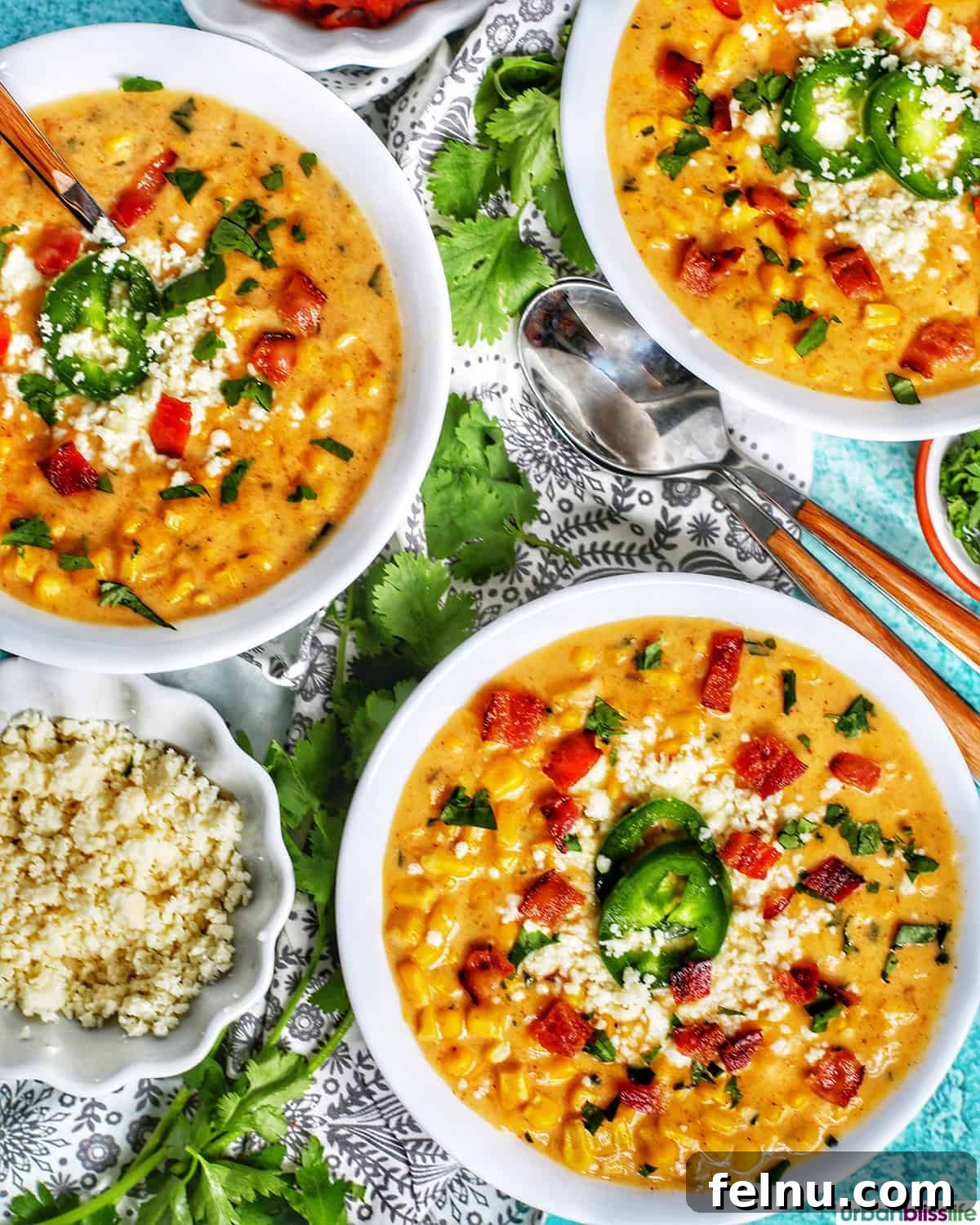Creamy Instant Pot Mexican Corn Chowder 10 bowls of Instant Pot Mexican Street Corn Chowder with bacon, jalapenos, and Cotija cheese.