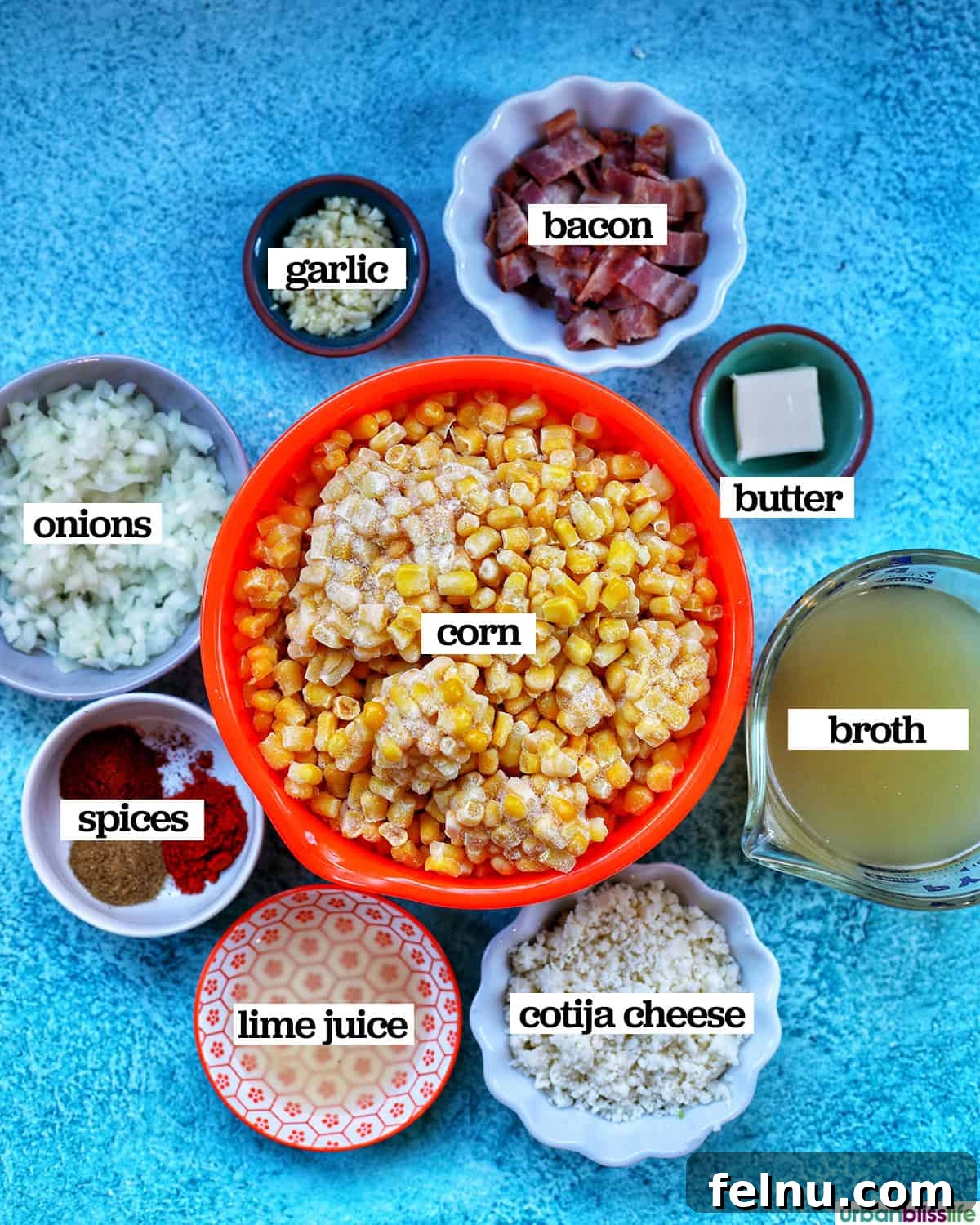 Creamy Instant Pot Mexican Corn Chowder 5 bowls of ingredients to make Instant Pot Mexican Corn Chowder.